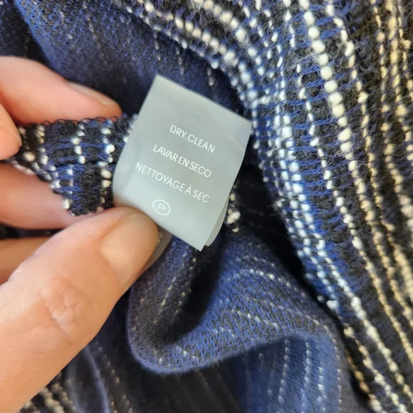 Tweed Fall Sheath Dress Navy Blue White Stripes Sleeveless Fringe Paris Size 10 - Picture 12 of 17